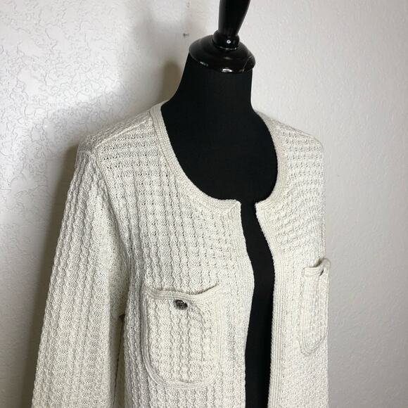 Talbots white ivory silver metallic open front long sweater jacket size 1X NWT - Picture 2 of 14